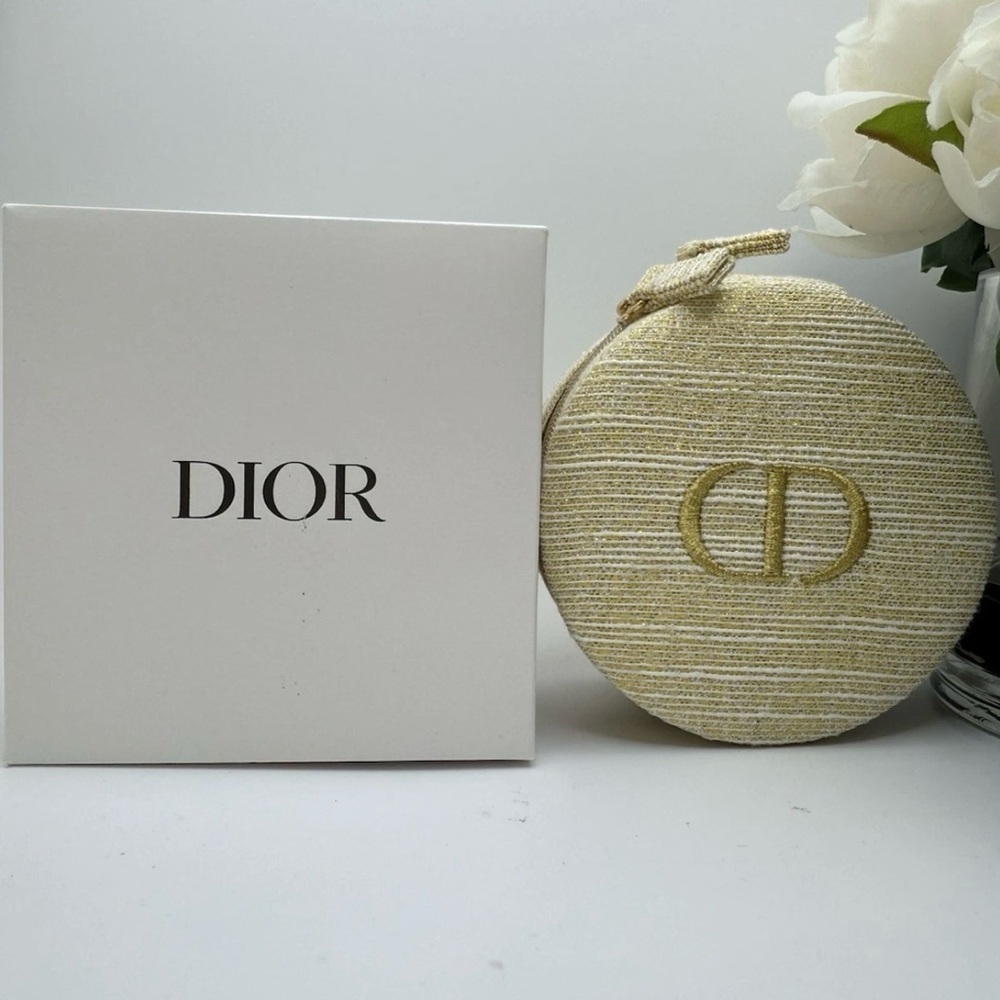 CHRISTIAN DIOR Gold Trousse Pouch Cosmetic Bag Jewelry Round Box New